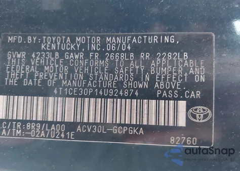 2004 Toyota Camry Solara Sle z USA, uszkodzony, nr VIN 4T1CE30P14U924874